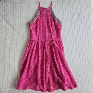 XS Bright pink eyelet halter embroidered fit and flare spring boho dress